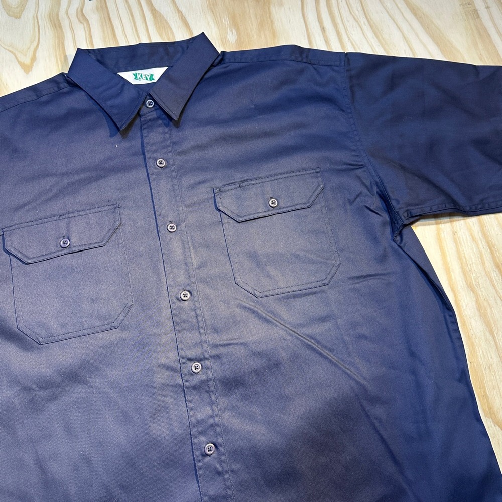Key Mens Navy Blue Short Sleeve Button Down Work Utility Shirt Dual Pockets